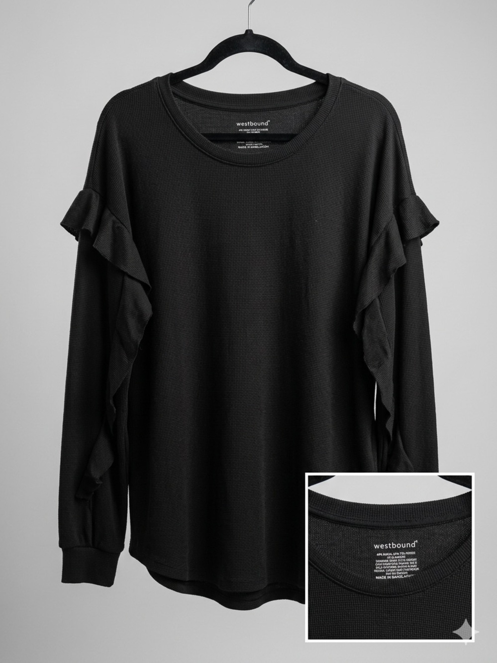 Westbound Black Waffle Knit Ruffle Sleeve Top Long Sleeve Crewneck size Large